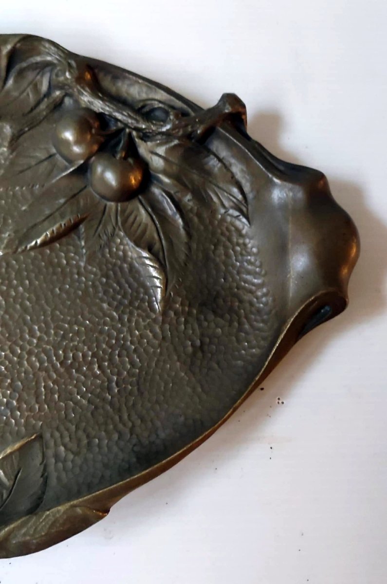 Art Nouveau Bronze Valet Tray With Bird And Cherry Decoration-photo-3
