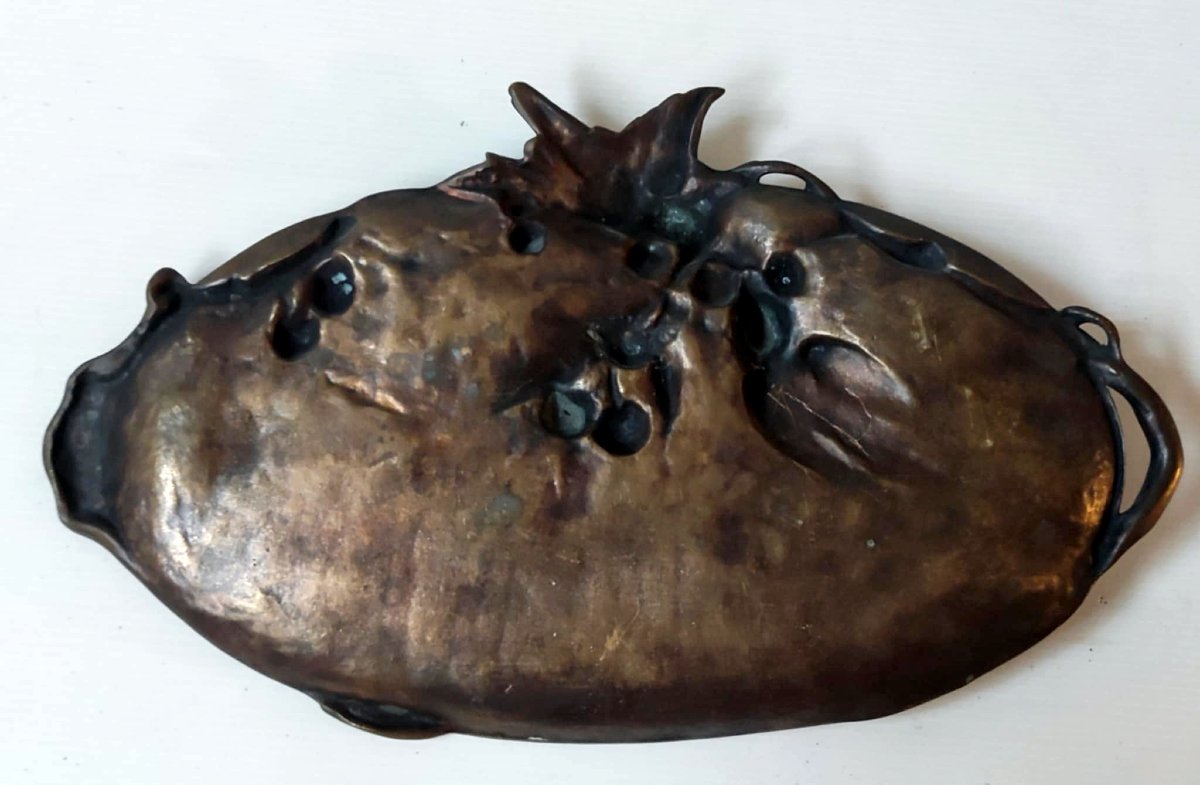 Art Nouveau Bronze Valet Tray With Bird And Cherry Decoration-photo-4