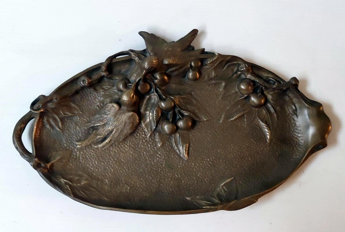 Art Nouveau Bronze Valet Tray With Bird And Cherry Decoration