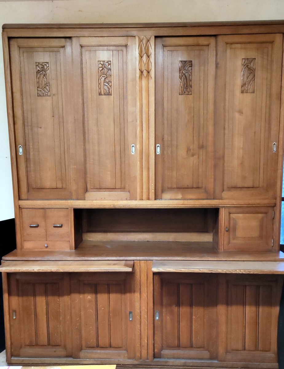 Large Office Cabinet With 9 Doors And 3 Drawers, Solid Oak, Art Deco Style, Ideal For A Loft-photo-3