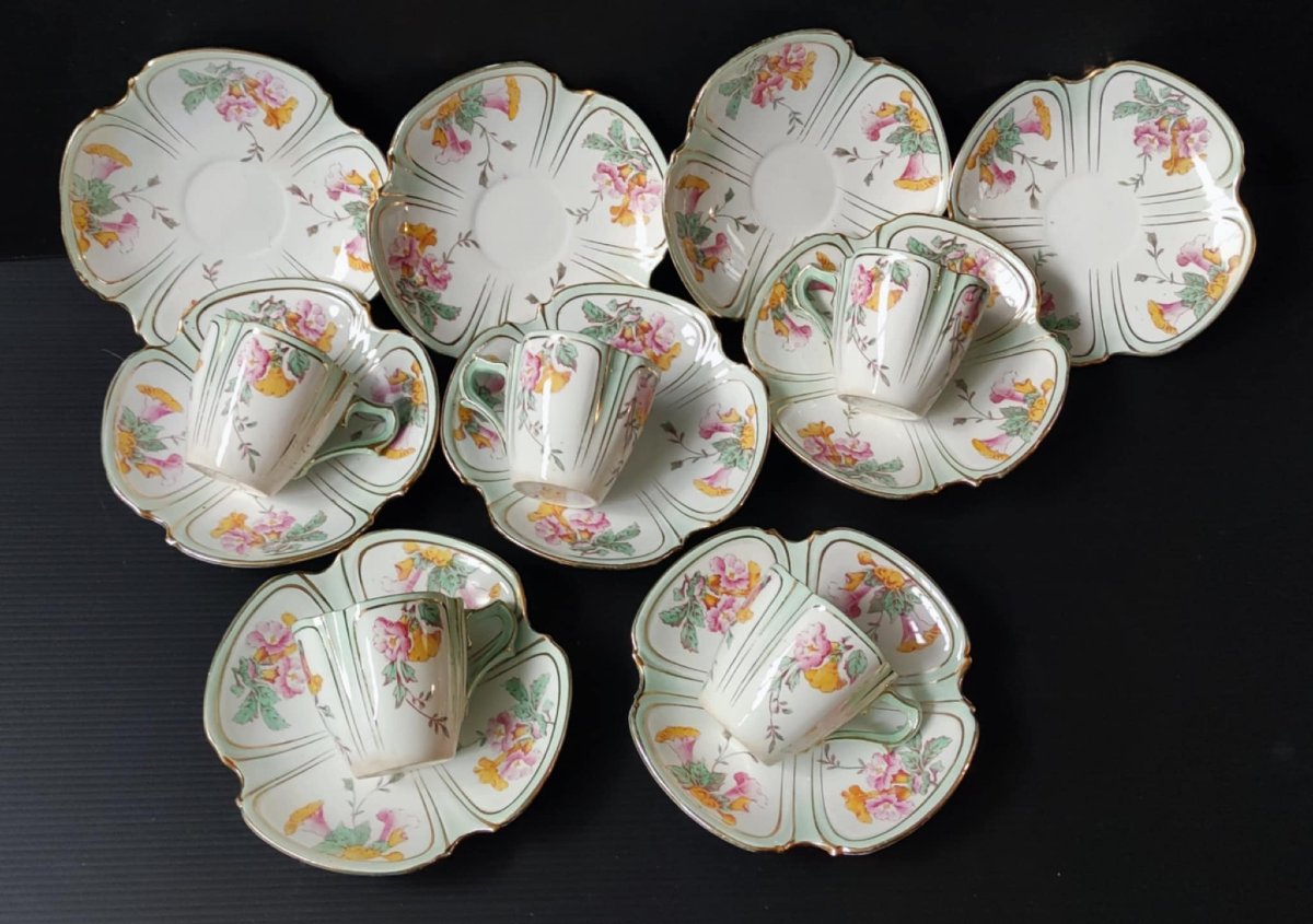 5 TASSES A CAFE + 9 SOUS-TASSES DECOR FLORAL SIGNE KG LUNEVILLE XIXè ART NOUVEAU-photo-2