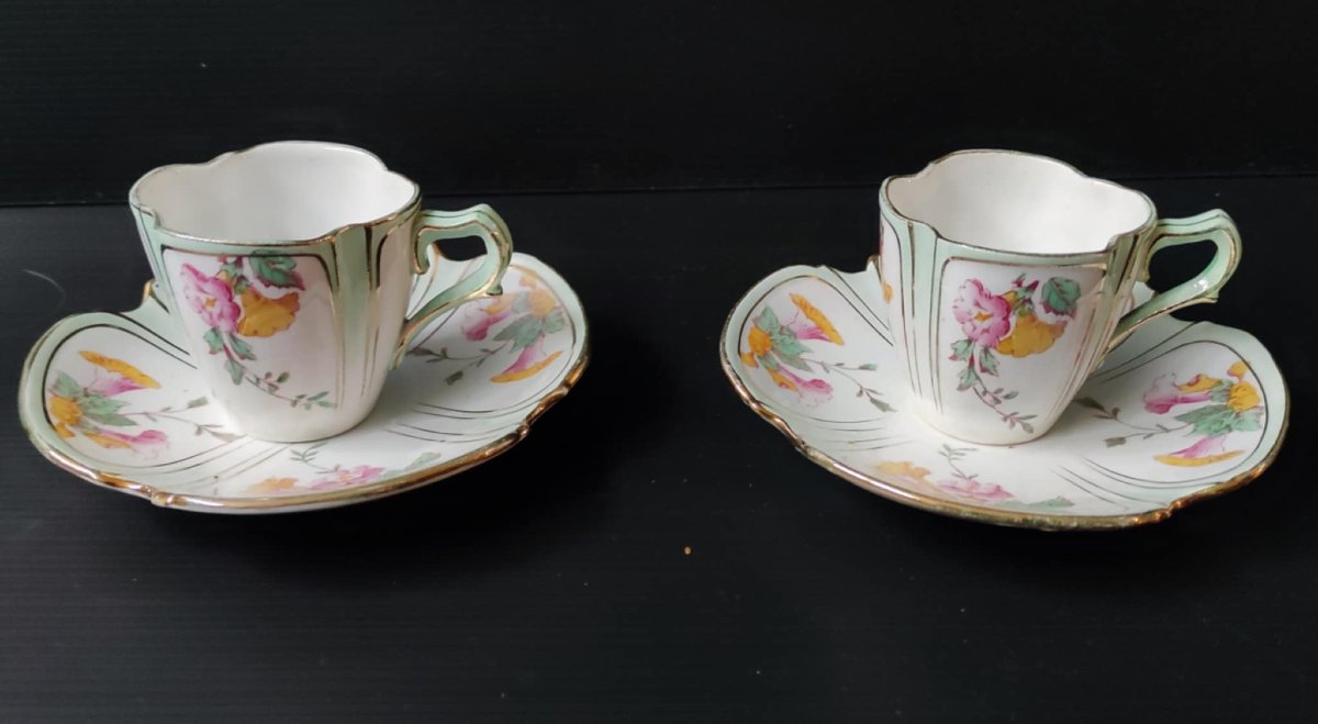 5 TASSES A CAFE + 9 SOUS-TASSES DECOR FLORAL SIGNE KG LUNEVILLE XIXè ART NOUVEAU-photo-3
