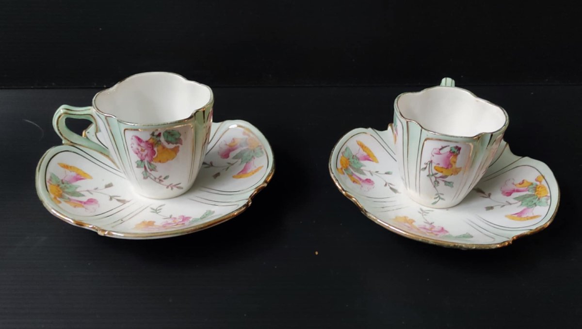 5 TASSES A CAFE + 9 SOUS-TASSES DECOR FLORAL SIGNE KG LUNEVILLE XIXè ART NOUVEAU-photo-4