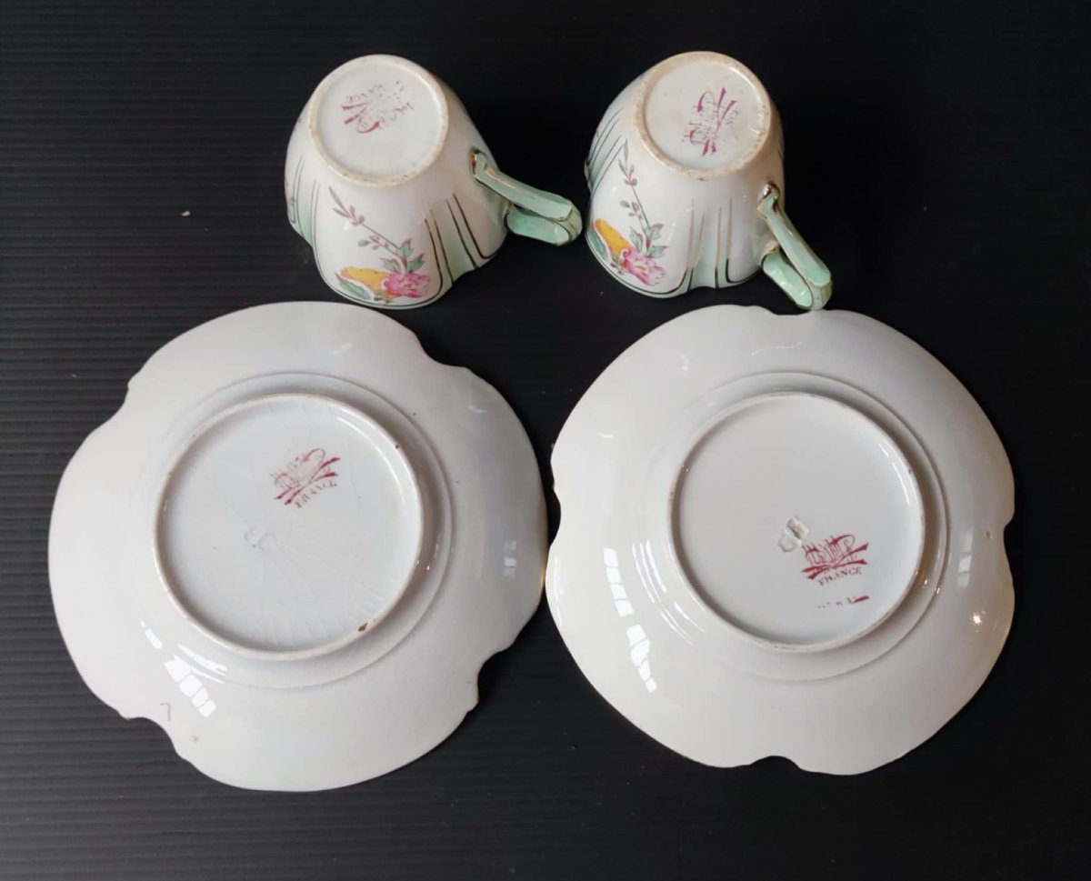 5 TASSES A CAFE + 9 SOUS-TASSES DECOR FLORAL SIGNE KG LUNEVILLE XIXè ART NOUVEAU-photo-1