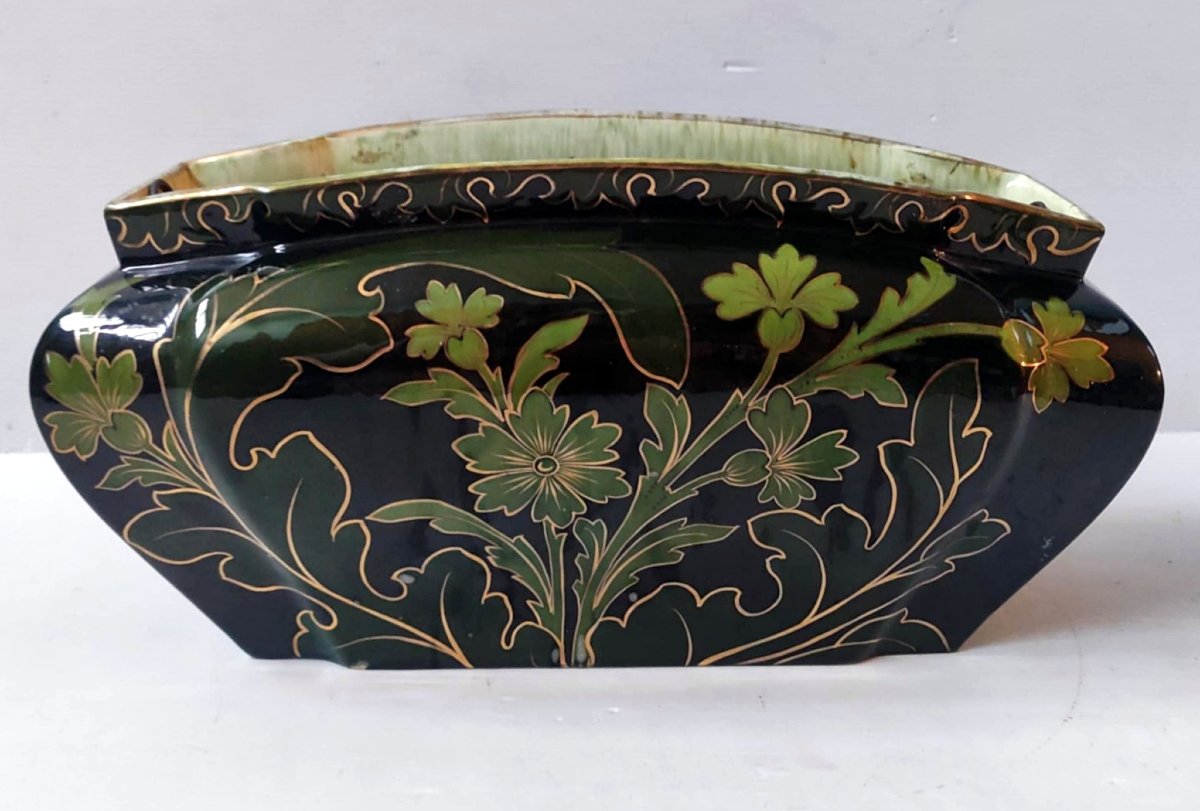 JARDINIERE DECOR FLORAL PEINT MAIN FAIENCE SIGNE KG LUNEVILLE ART NOUVEAU 1890-photo-2