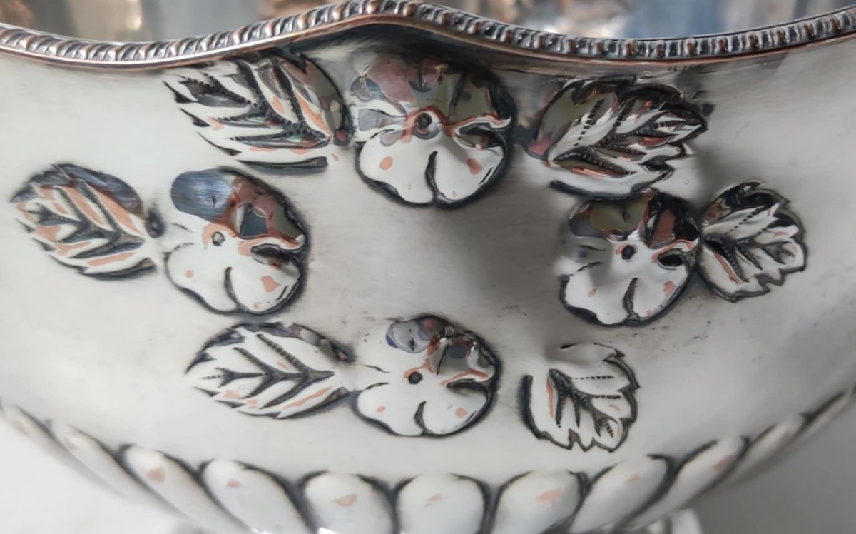 COUPE A ANSE PLAQUE ARGENT SILVER ON COPPER ENGLAND DECOR FRUITS TETE DE LION-photo-4