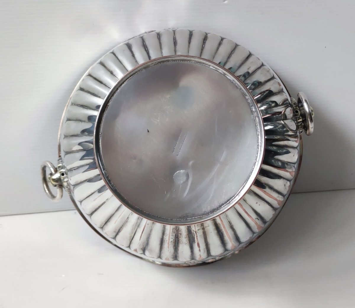 COUPE A ANSE PLAQUE ARGENT SILVER ON COPPER ENGLAND DECOR FRUITS TETE DE LION-photo-2