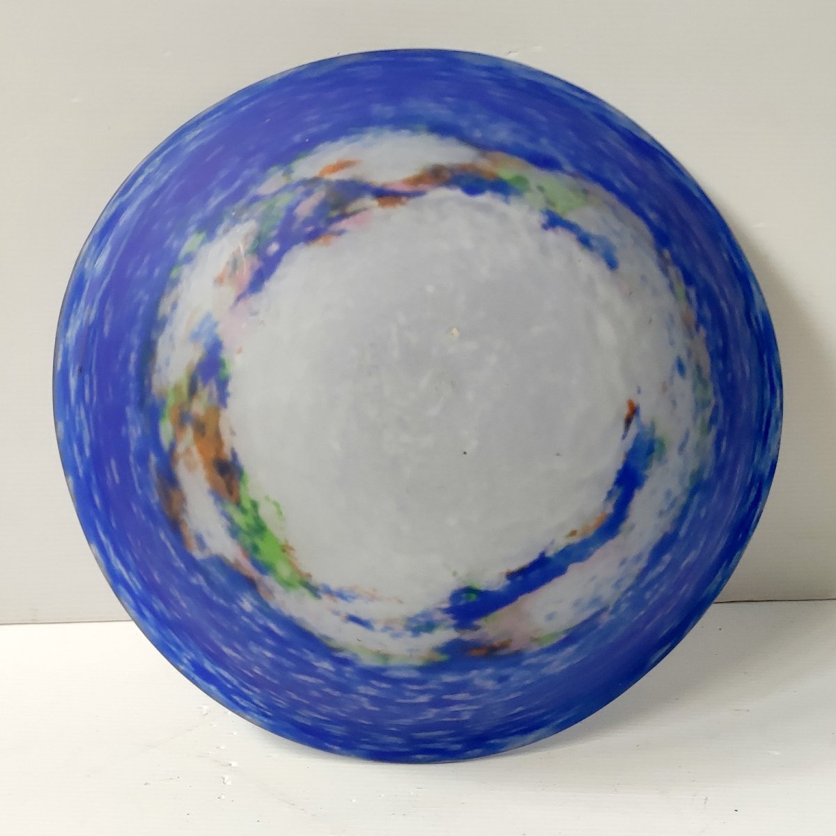 LUSTRE VASQUE + 3 TULIPES PATE DE VERRE BLEU BLANC FER FORGER ART NOUVEAU-photo-3