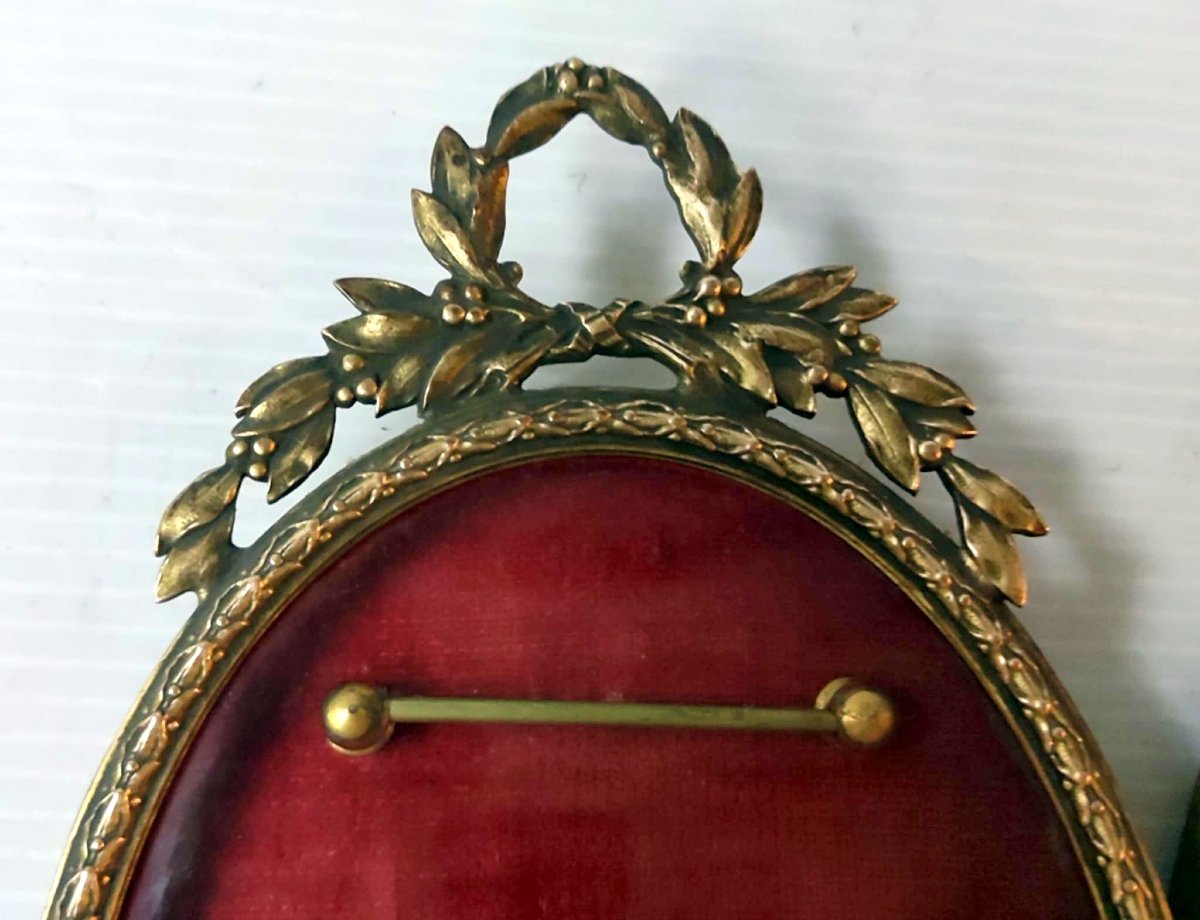 3 Oval Triptych Frame Photo Holder And Medal Holder Chiseled Bronze 19th Century Louis XVI Style -photo-4