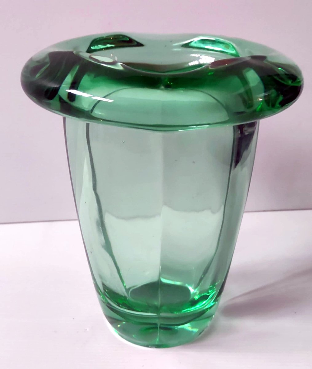 VASE ART VANNES FRANCE CRISTAL EPAIS VERT EPOQUE ART DECO-photo-2