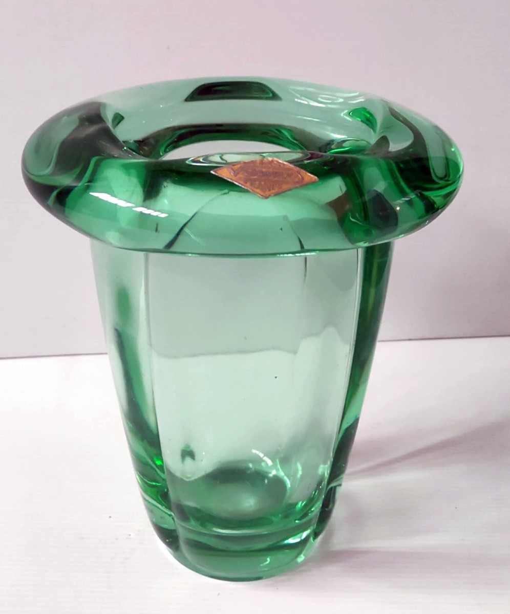 VASE ART VANNES FRANCE CRISTAL EPAIS VERT EPOQUE ART DECO