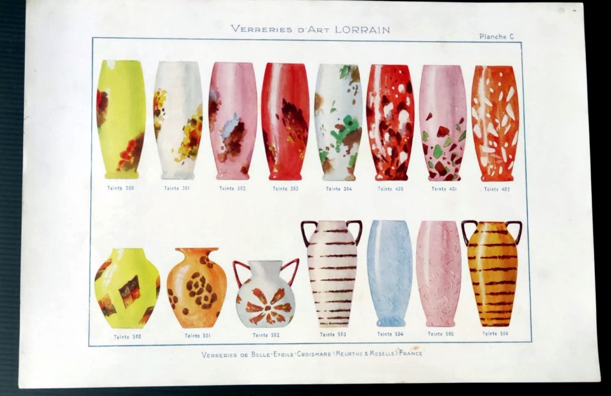 4 PLANCHES PAPIER VERRERIE D'ART LORRAIN VERRERIES DE BELLE ETOILE CROISMARE FRANCE-photo-3