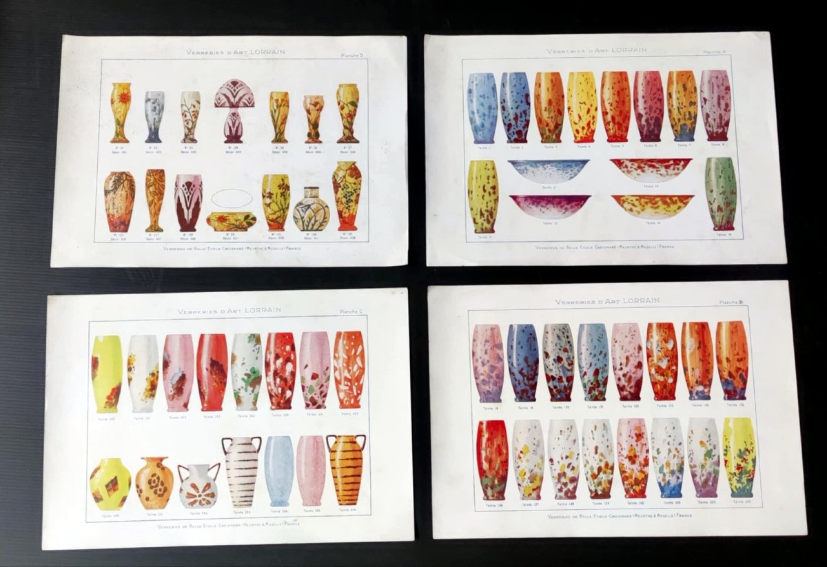 4 PLANCHES PAPIER VERRERIE D'ART LORRAIN VERRERIES DE BELLE ETOILE CROISMARE FRANCE