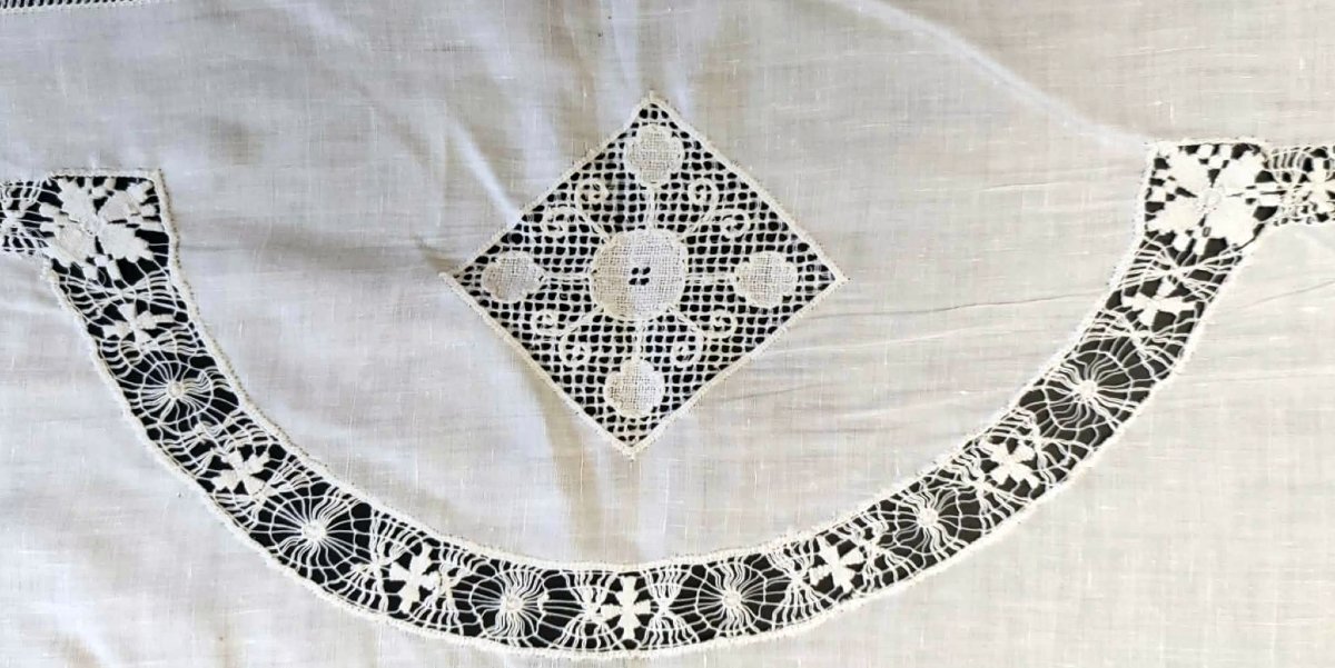 Large White Linen Tablecloth With Antique Hand Embroidery, Seats 12, 295/194 Cm-photo-6