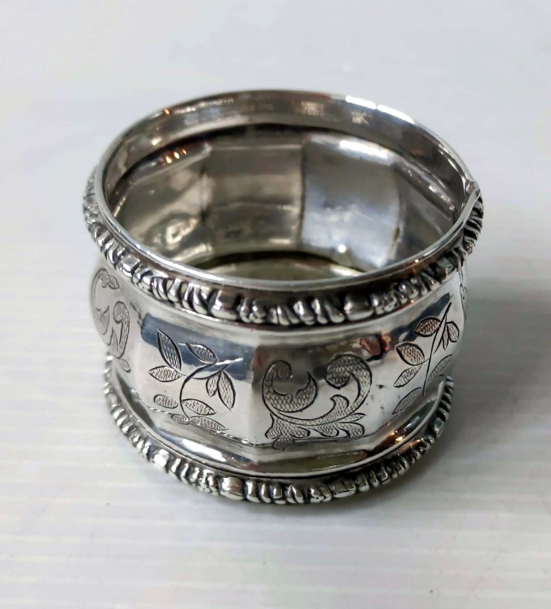 ROND DE SERVIETTES DE BAPTEME ARGENT MASSIF MINERVE FEUILLE CISELE ART NOUVEAU-photo-2