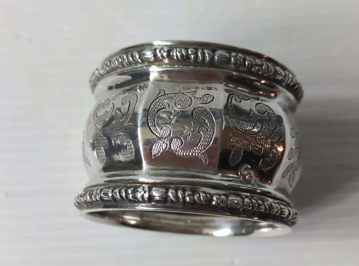 ROND DE SERVIETTES DE BAPTEME ARGENT MASSIF MINERVE FEUILLE CISELE ART NOUVEAU-photo-3