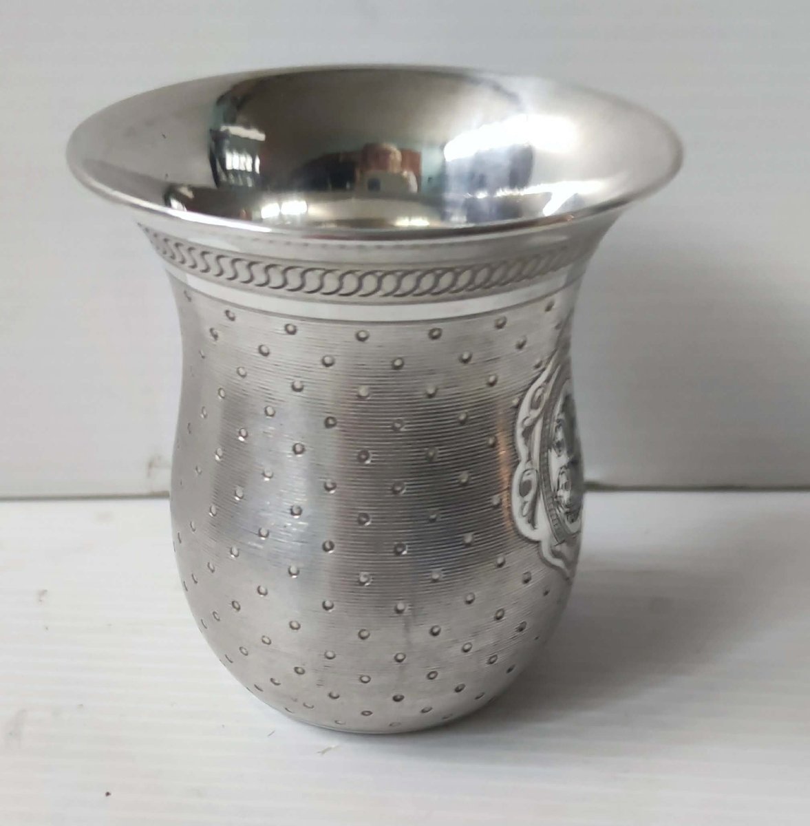TIMBALE DE BAPTEME HALPHEN 6 ARGENT PLAQUE CISELE MONOGRAMME HJ ART NOUVEAU-photo-3