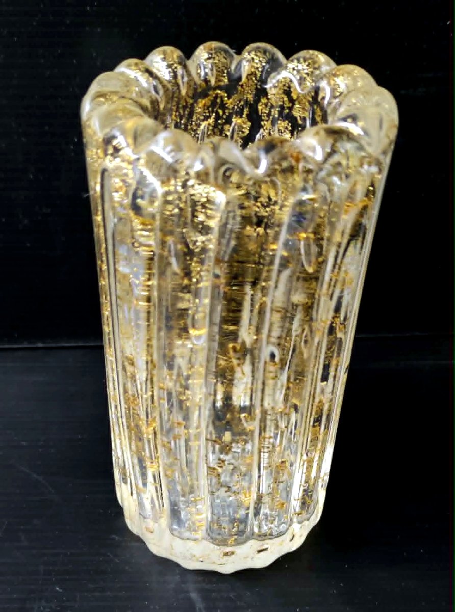 PAIRE DE VASE VERRE SOUFFLE MURANO INCLUSION DE FEUILLES D'OR 1950-photo-2