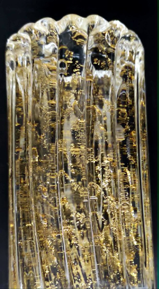 PAIRE DE VASE VERRE SOUFFLE MURANO INCLUSION DE FEUILLES D'OR 1950-photo-4