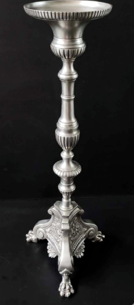 PIQUE CIERGE CANDELABRE D'EGLISE BRONZE ARGENTE XIXè STYLE LOUIS XV BASE TRIPODE PIEDS GRIFFES-photo-2