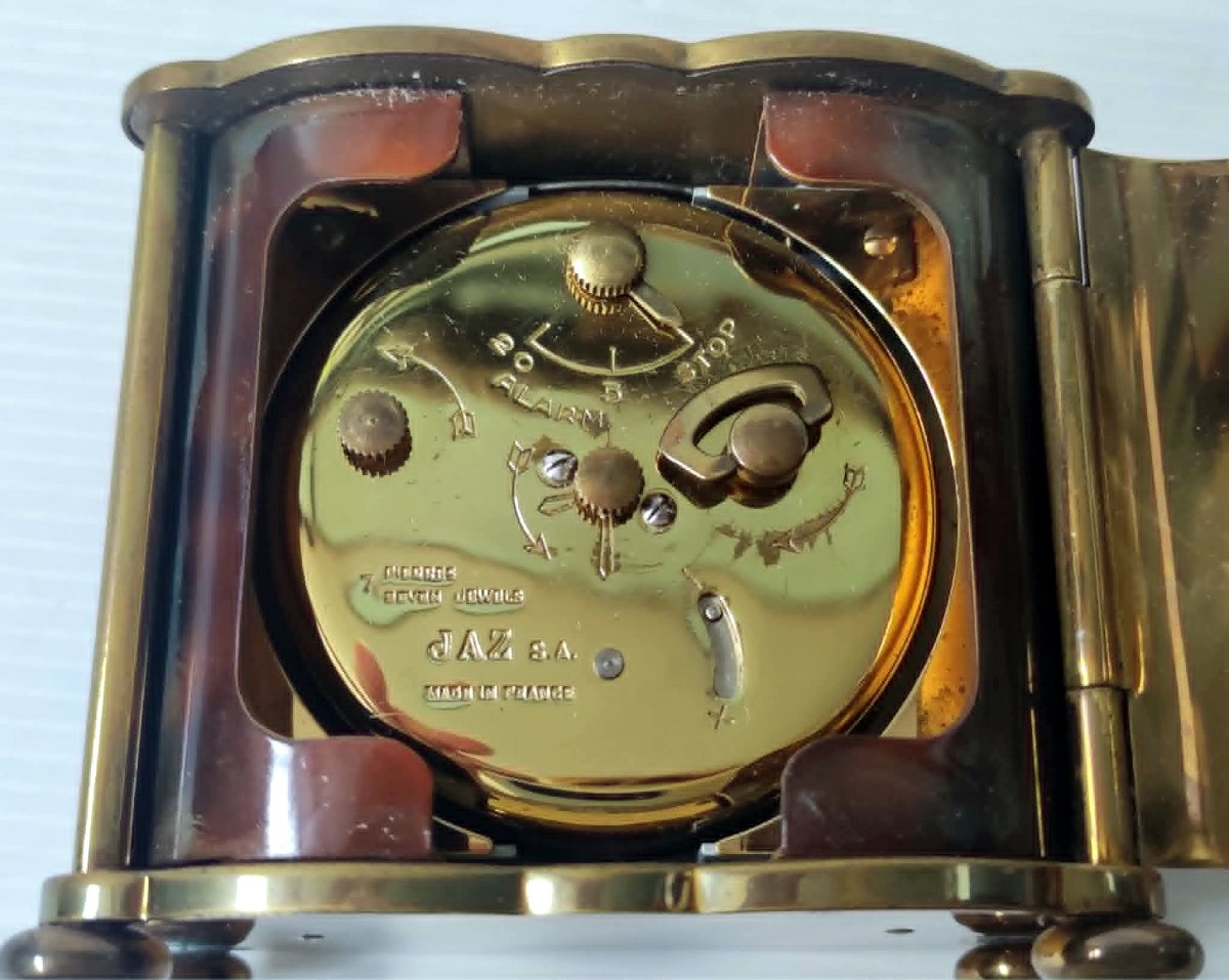 Jaz De Luxe Travel Alarm Clock Antique Mahogany Lacquer In Working Condition-photo-4
