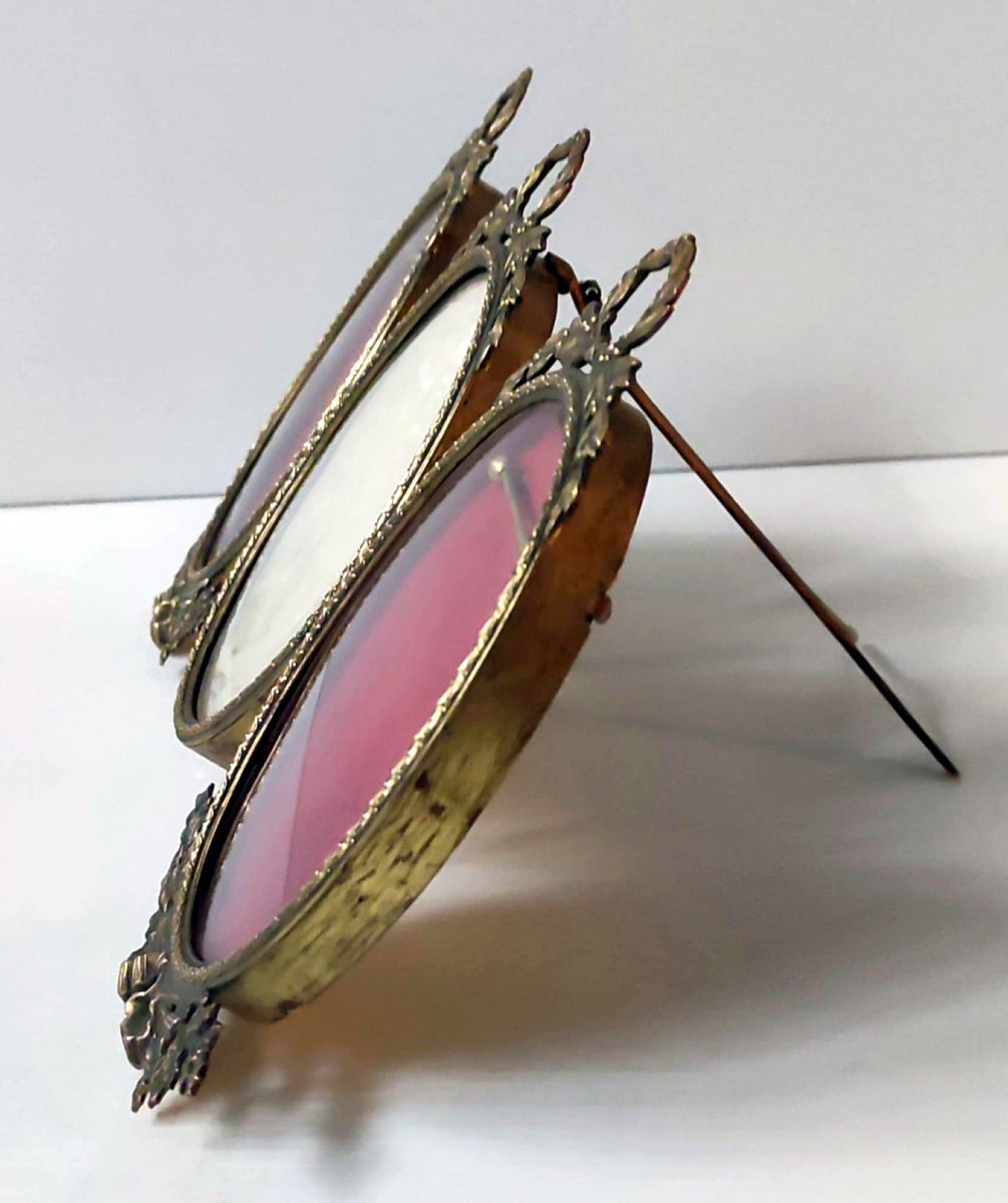 3 CADRE OVAL TRIPTYQUE PORTE-PHOTO PORTE-MEDAILLE BRONZE CISELE XIXè STYLE LOUIS XVI-photo-2