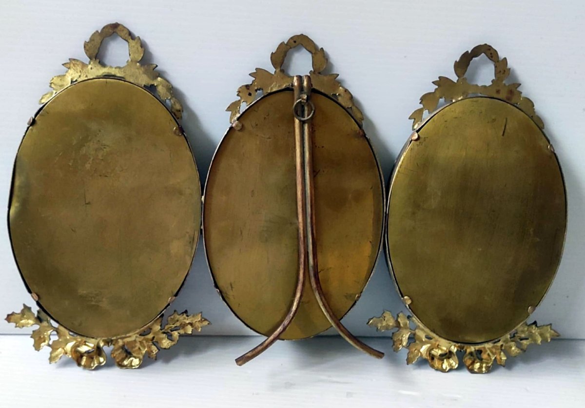 3 CADRE OVAL TRIPTYQUE PORTE-PHOTO PORTE-MEDAILLE BRONZE CISELE XIXè STYLE LOUIS XVI-photo-3