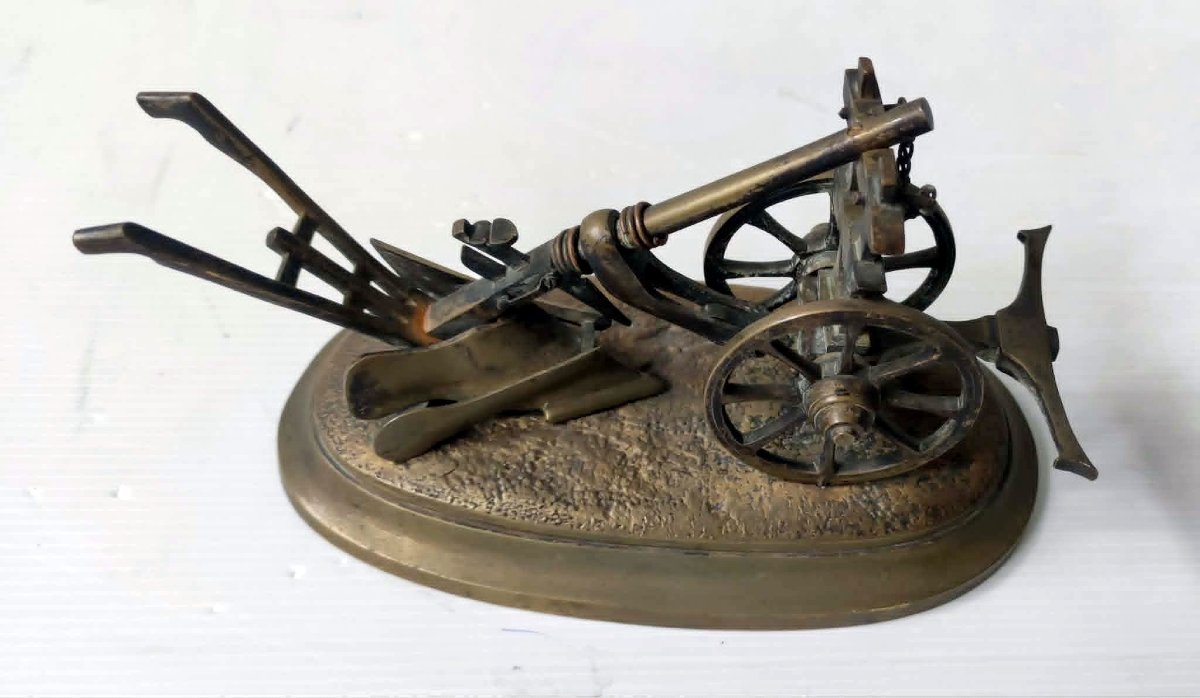 19th-century Bronze Burgundian Plow Sculpture—agricultural Tool-photo-2