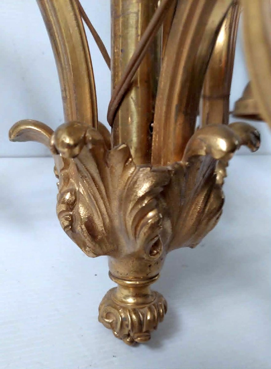 MONTURE DE LUSTRE BRONZE 3 BRANCHES TULIPES BRONZE DORE ART NOUVEAU STYLE LOUIS XV-photo-2