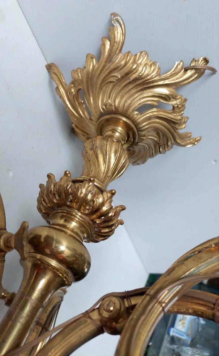 MONTURE DE LUSTRE BRONZE 3 BRANCHES TULIPES BRONZE DORE ART NOUVEAU STYLE LOUIS XV-photo-1