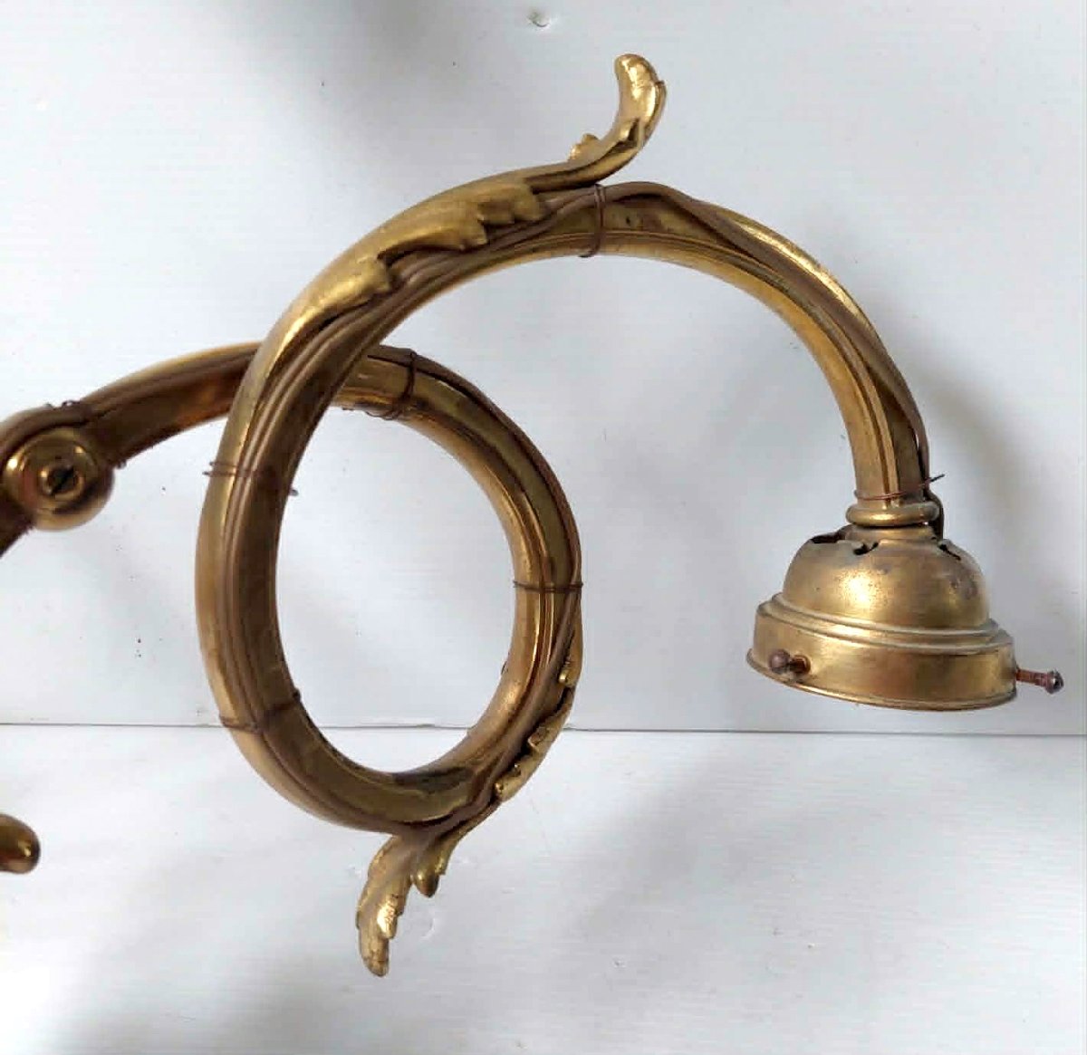 MONTURE DE LUSTRE BRONZE 3 BRANCHES TULIPES BRONZE DORE ART NOUVEAU STYLE LOUIS XV-photo-3