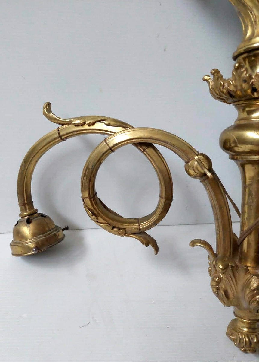 MONTURE DE LUSTRE BRONZE 3 BRANCHES TULIPES BRONZE DORE ART NOUVEAU STYLE LOUIS XV-photo-4