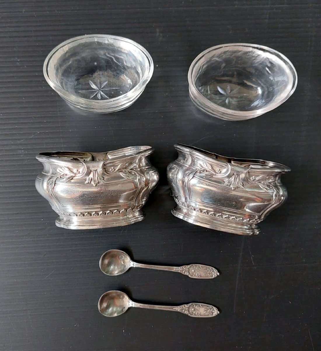 PAIRE SALERON 2 CUILLERES ARGENT MASSIF MINERVE CRISTAL BACCARAT STYLE LOUIS XV-photo-2