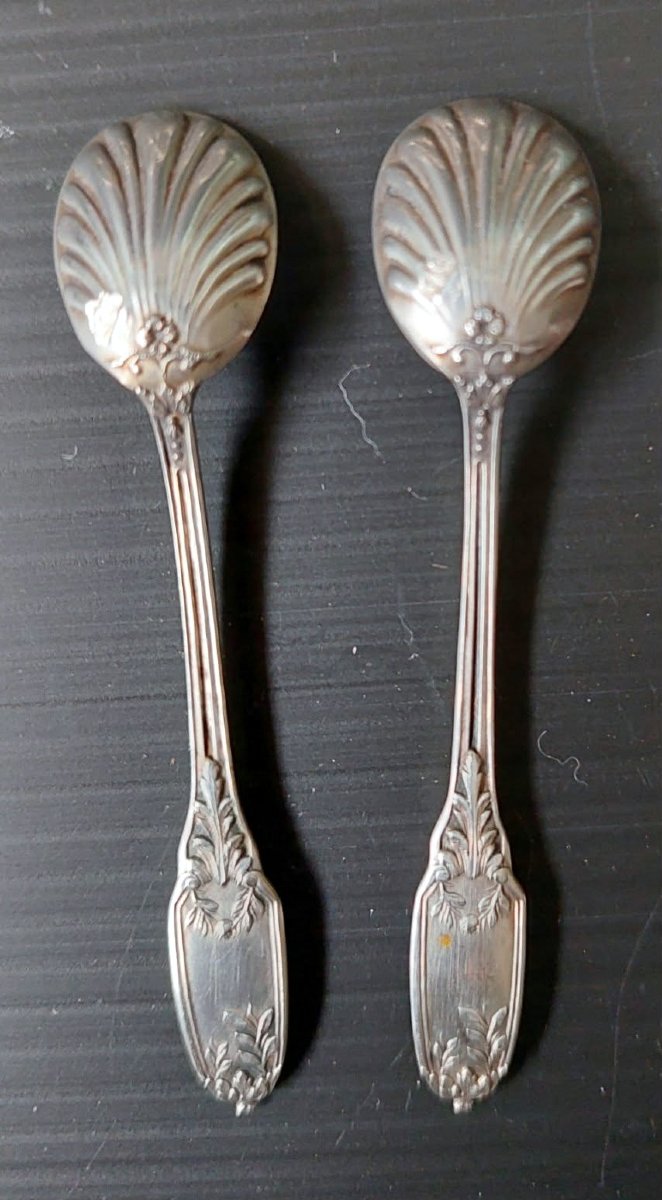 PAIRE SALERON 2 CUILLERES ARGENT MASSIF MINERVE CRISTAL BACCARAT STYLE LOUIS XV-photo-1