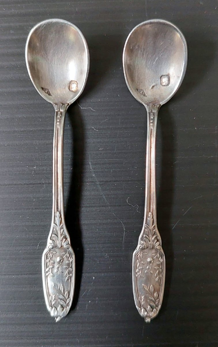 PAIRE SALERON 2 CUILLERES ARGENT MASSIF MINERVE CRISTAL BACCARAT STYLE LOUIS XV-photo-2