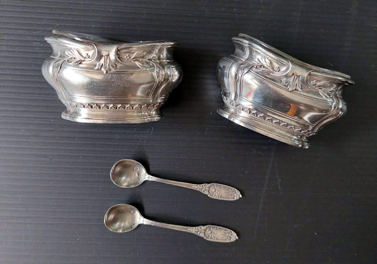 PAIRE SALERON 2 CUILLERES ARGENT MASSIF MINERVE CRISTAL BACCARAT STYLE LOUIS XV