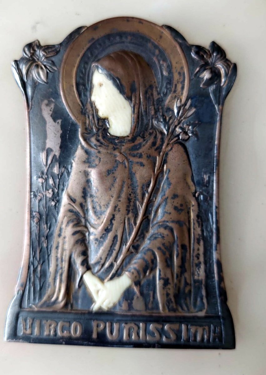 Virgin Mary Religious Scallop Shell, Onyx And Bronze, Signed L.o. Mattei, Art Nouveau-photo-2