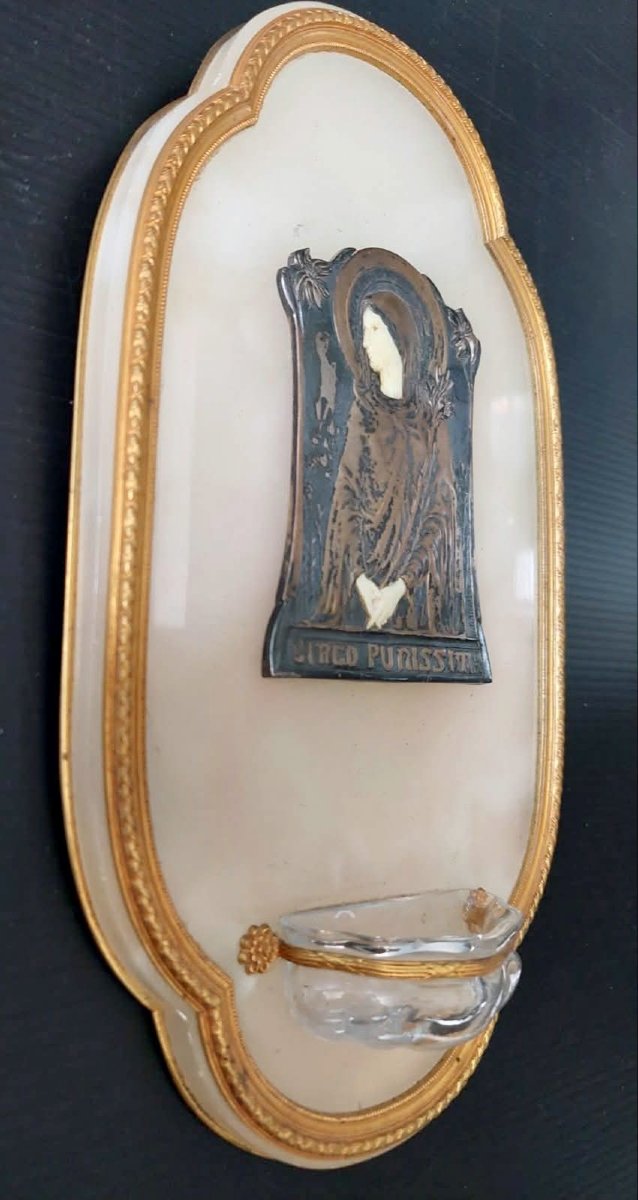Virgin Mary Religious Scallop Shell, Onyx And Bronze, Signed L.o. Mattei, Art Nouveau-photo-3