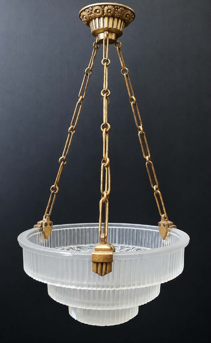 LUSTRE VASQUE A GRADINS VERRE DEPOLI MONTURE BRONZE MAYNADIER HANOTS ART DECO
