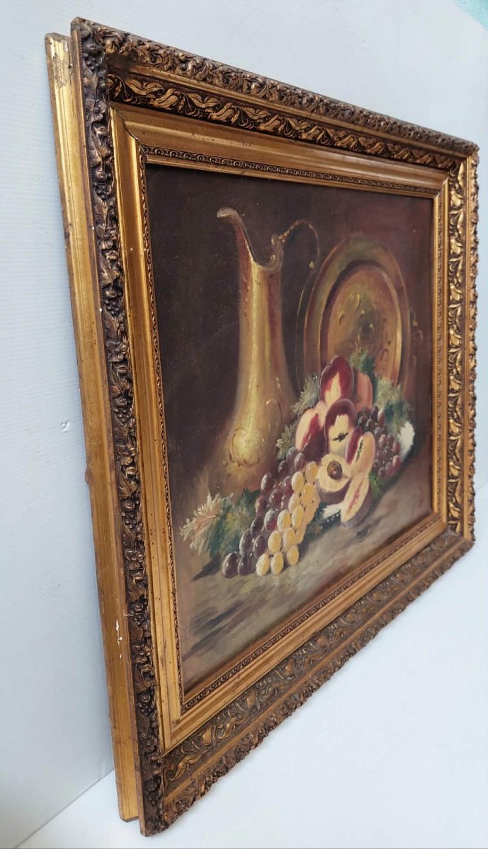 TABLEAU HUILE SUR TOILE NATURE MORTE FRUITS SIGNE FEVIN NAPOLEON III-photo-2