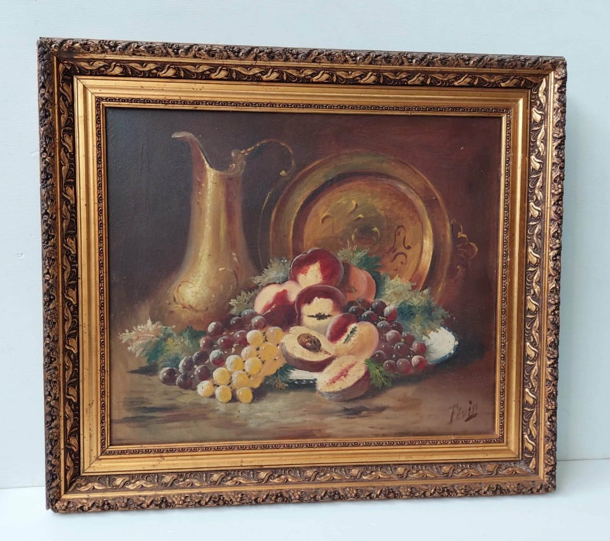 TABLEAU HUILE SUR TOILE NATURE MORTE FRUITS SIGNE FEVIN NAPOLEON III