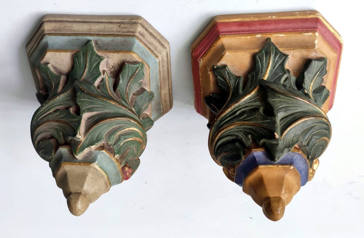 PAIRE CONSOLE MURALE PLATRE POLYCHROME STYLE NEO-GOTHIQUE POUR STATUE RELIGIEUSE-photo-4