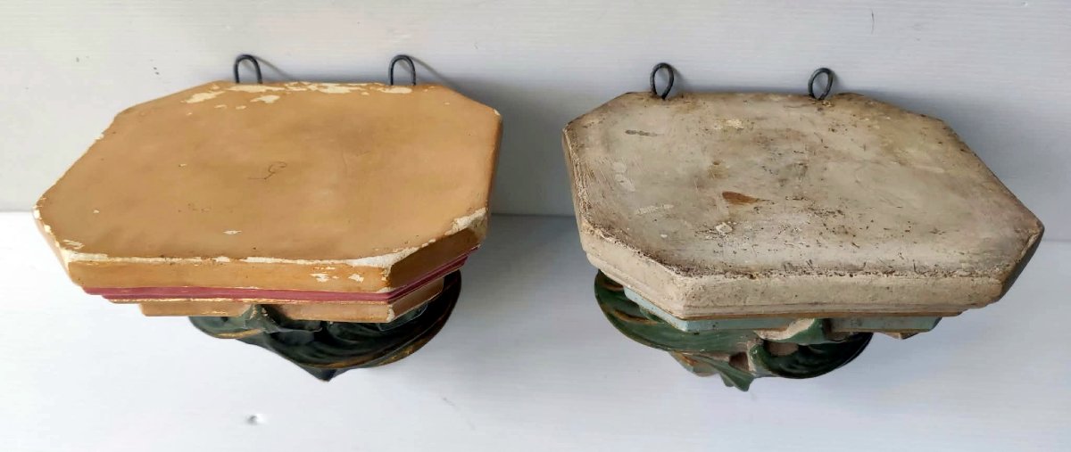 PAIRE CONSOLE MURALE PLATRE POLYCHROME STYLE NEO-GOTHIQUE POUR STATUE RELIGIEUSE-photo-1
