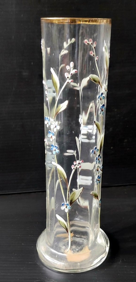 VASE SOLIFLORE VERRE EMAILLE DECOR FLORAL PEINT MAIN ART NOUVEAU-photo-2