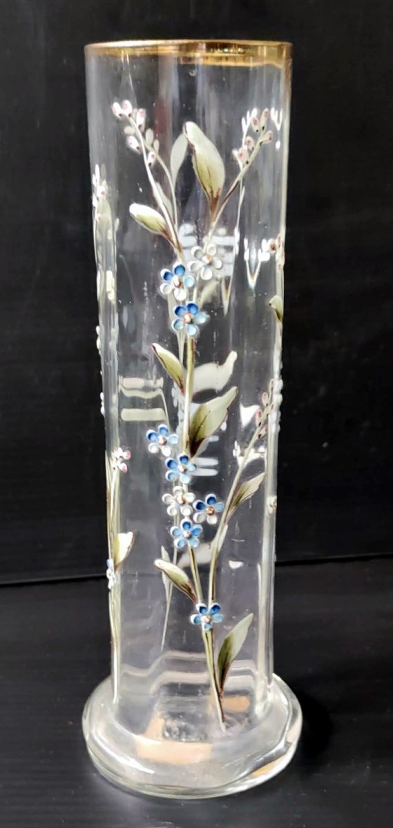 VASE SOLIFLORE VERRE EMAILLE DECOR FLORAL PEINT MAIN ART NOUVEAU