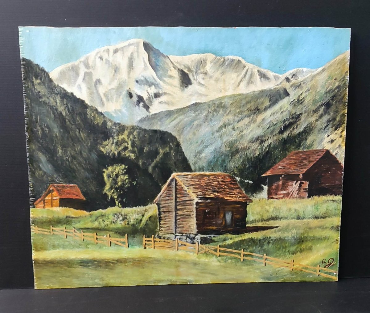 Oil Painting On Wood: Mountain Landscape, Signed "rg"