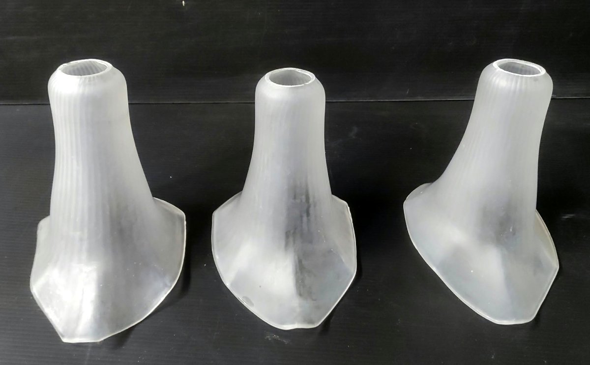 LUSTRE 3 TULIPES DEPOLI FLEUR  ARUM MONTURE METAL CHROME FEUILLE ARUM CUIVRE ART DECO-photo-5