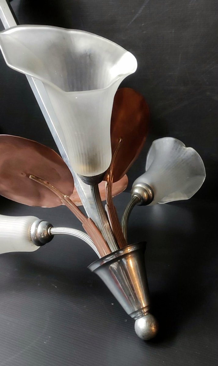 LUSTRE 3 TULIPES DEPOLI FLEUR  ARUM MONTURE METAL CHROME FEUILLE ARUM CUIVRE ART DECO-photo-7