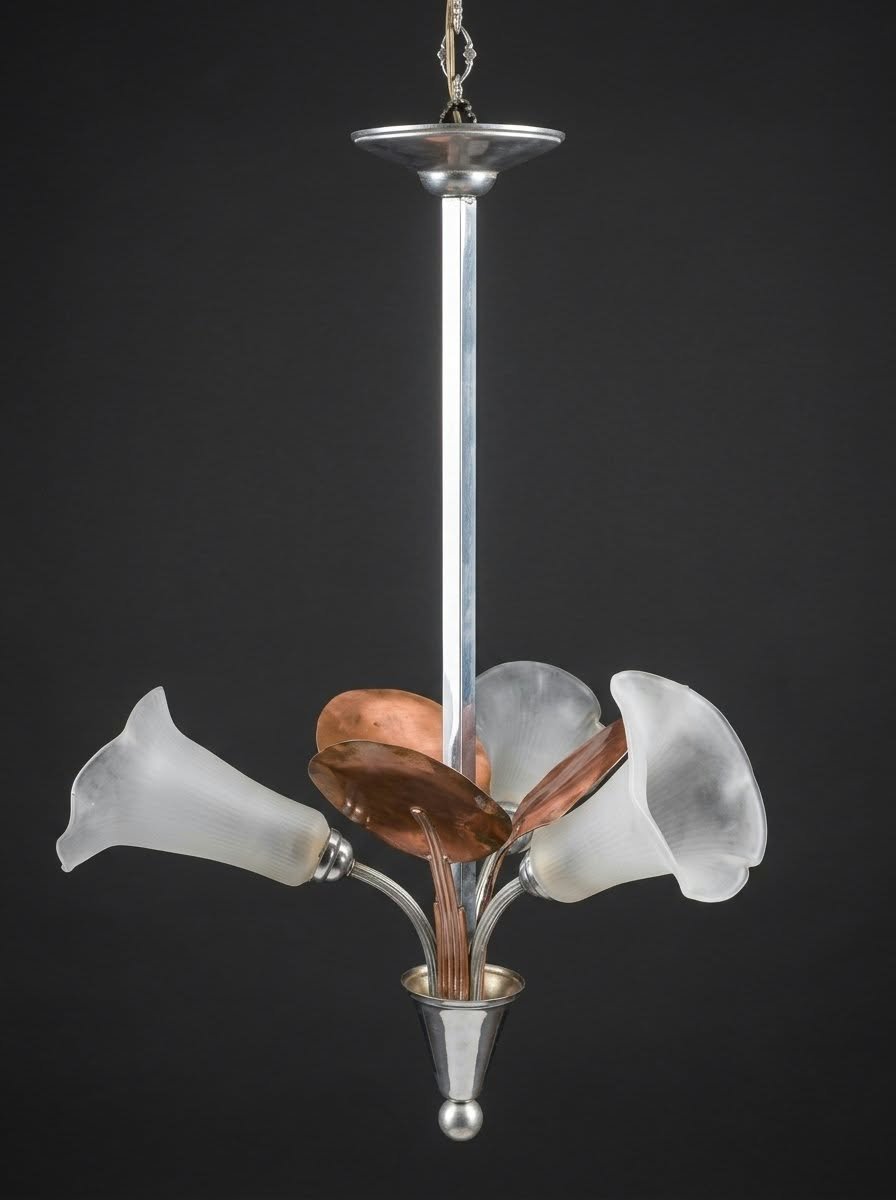 LUSTRE 3 TULIPES DEPOLI FLEUR  ARUM MONTURE METAL CHROME FEUILLE ARUM CUIVRE ART DECO