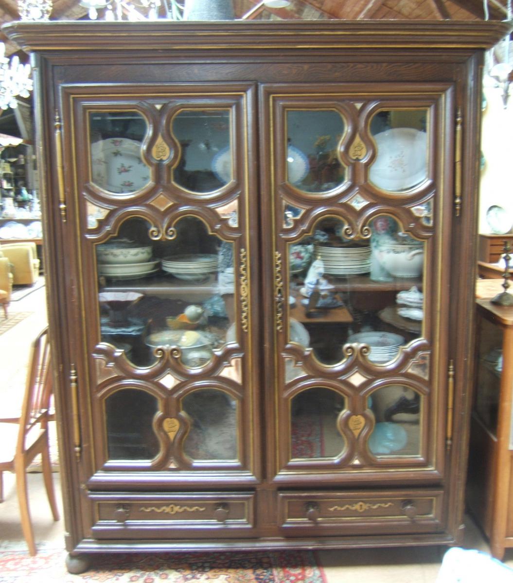 Armoire Vitrine Lorraine XVIIIè Chene Peint Faux Bois Style Louis XIII